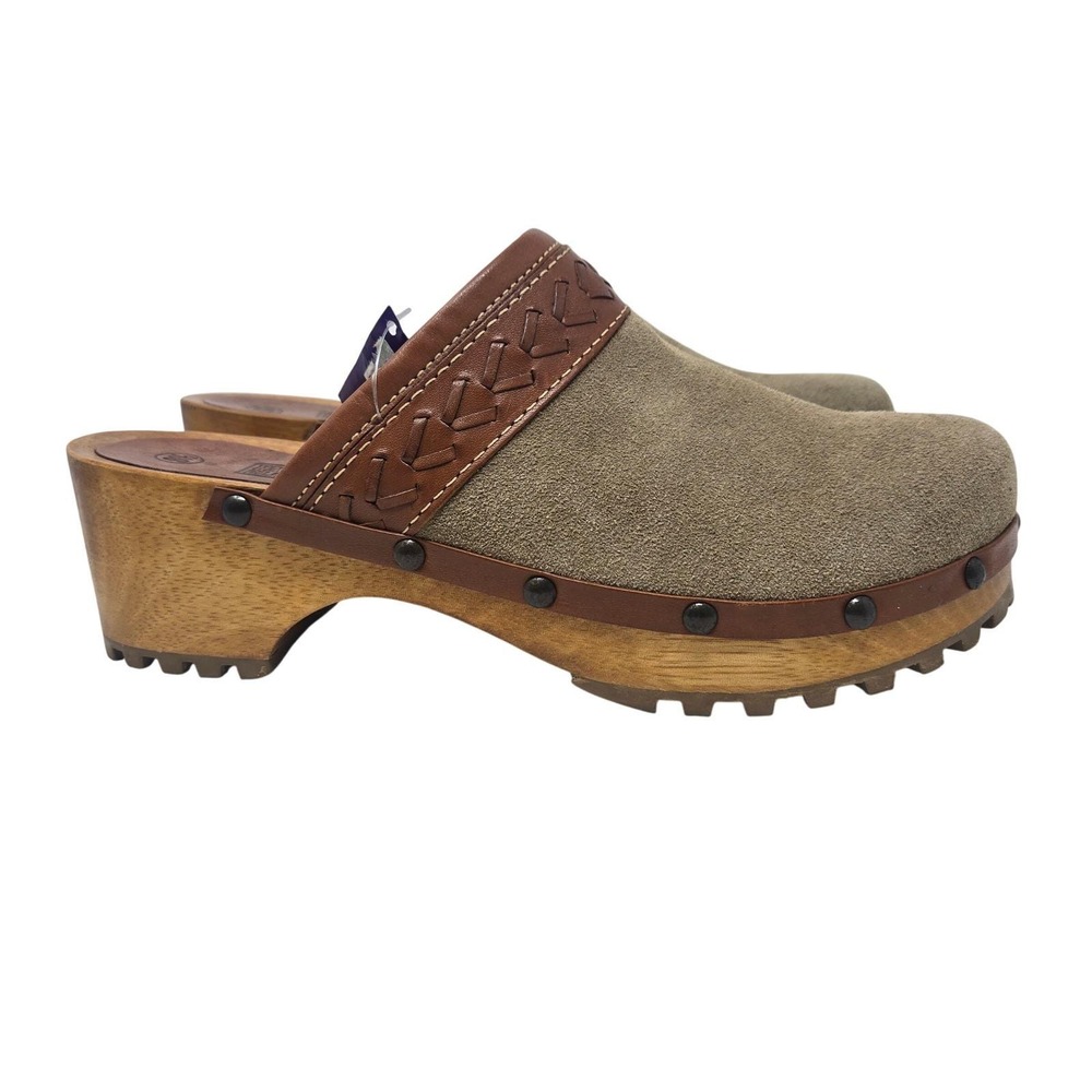 Vintage Y2K 90s Festival Coachella Tan Suede Leather Chunky Wooden Clogs 8.5